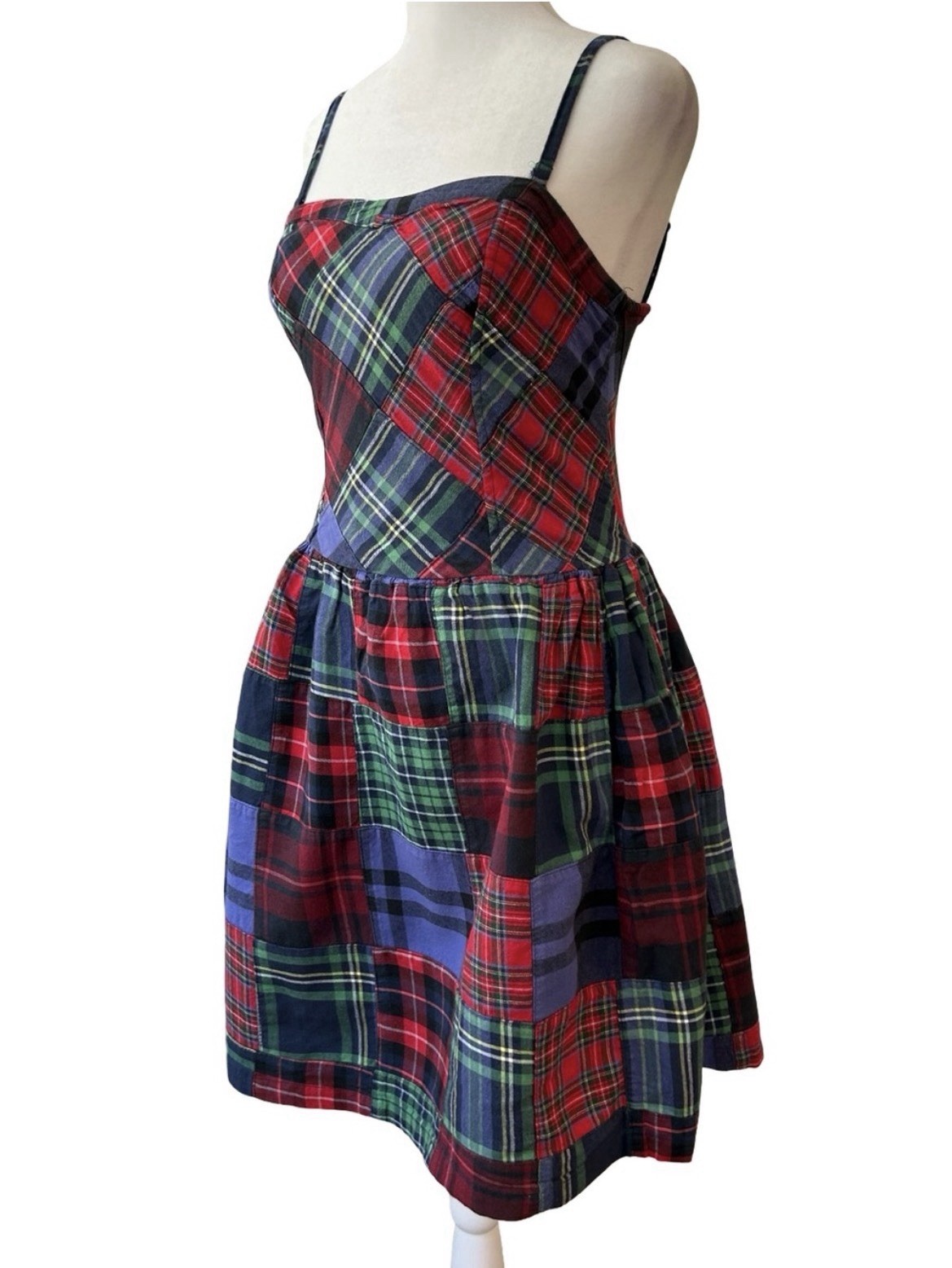 VTG 90s Grunge Plaid Patchwork Spaghetti Strap Dress Tartan Punk Indie Mini M