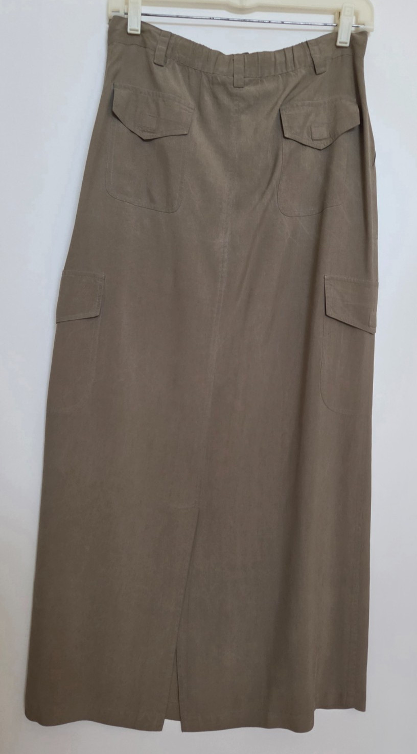Vintage Carole Little Maxi Khaki Green Silk Cargo Skirt with adjustable waist