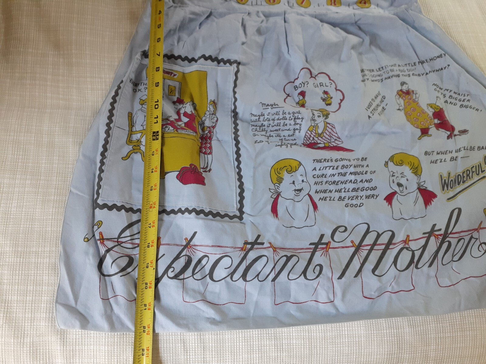 Vintage 1955 M. Setton Blue Expectant mother Comical Apron Baby Shower Gift !!