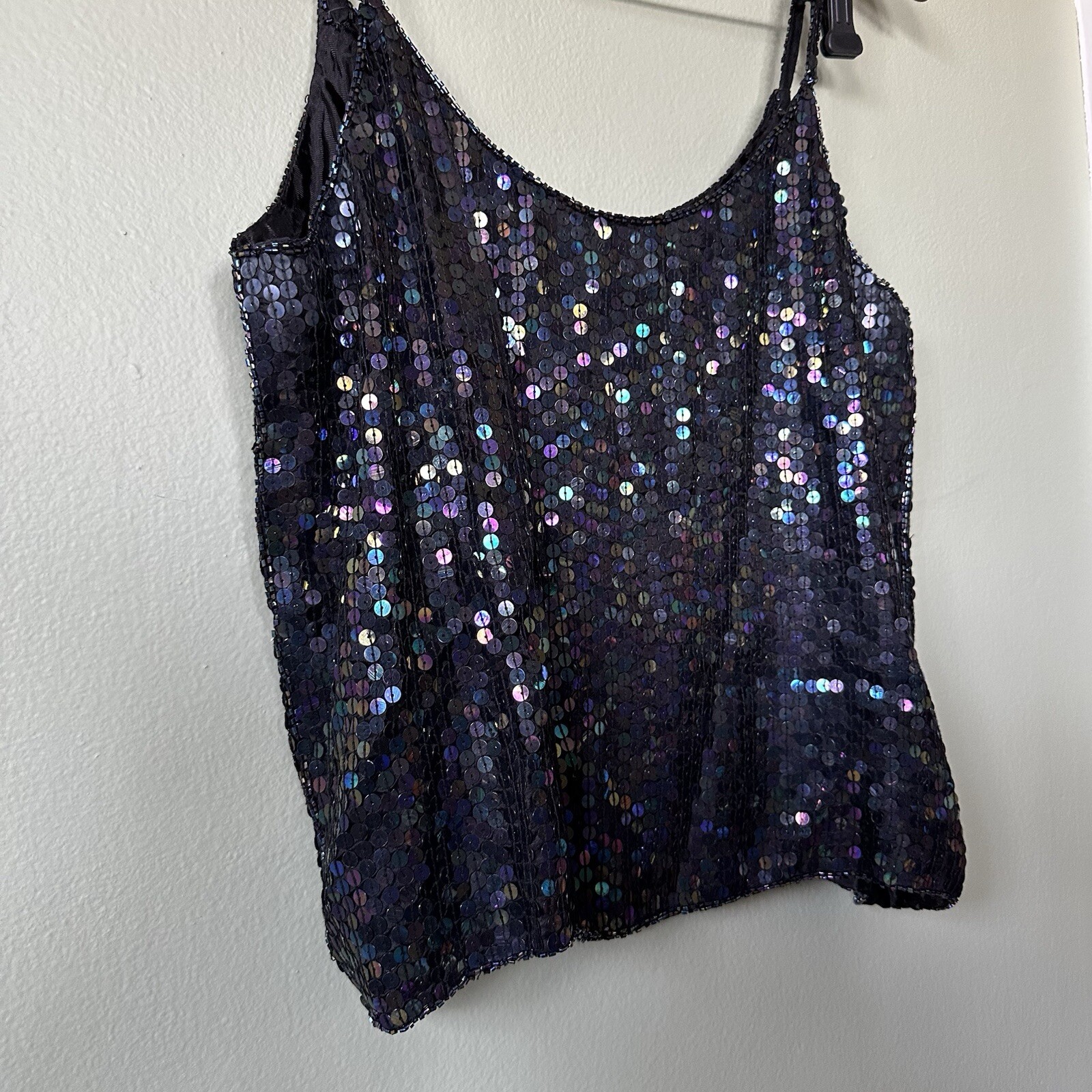 VTG 100% Silk Sequins Beaded Spaghetti Black Strap Top Spell Bound Size Medium