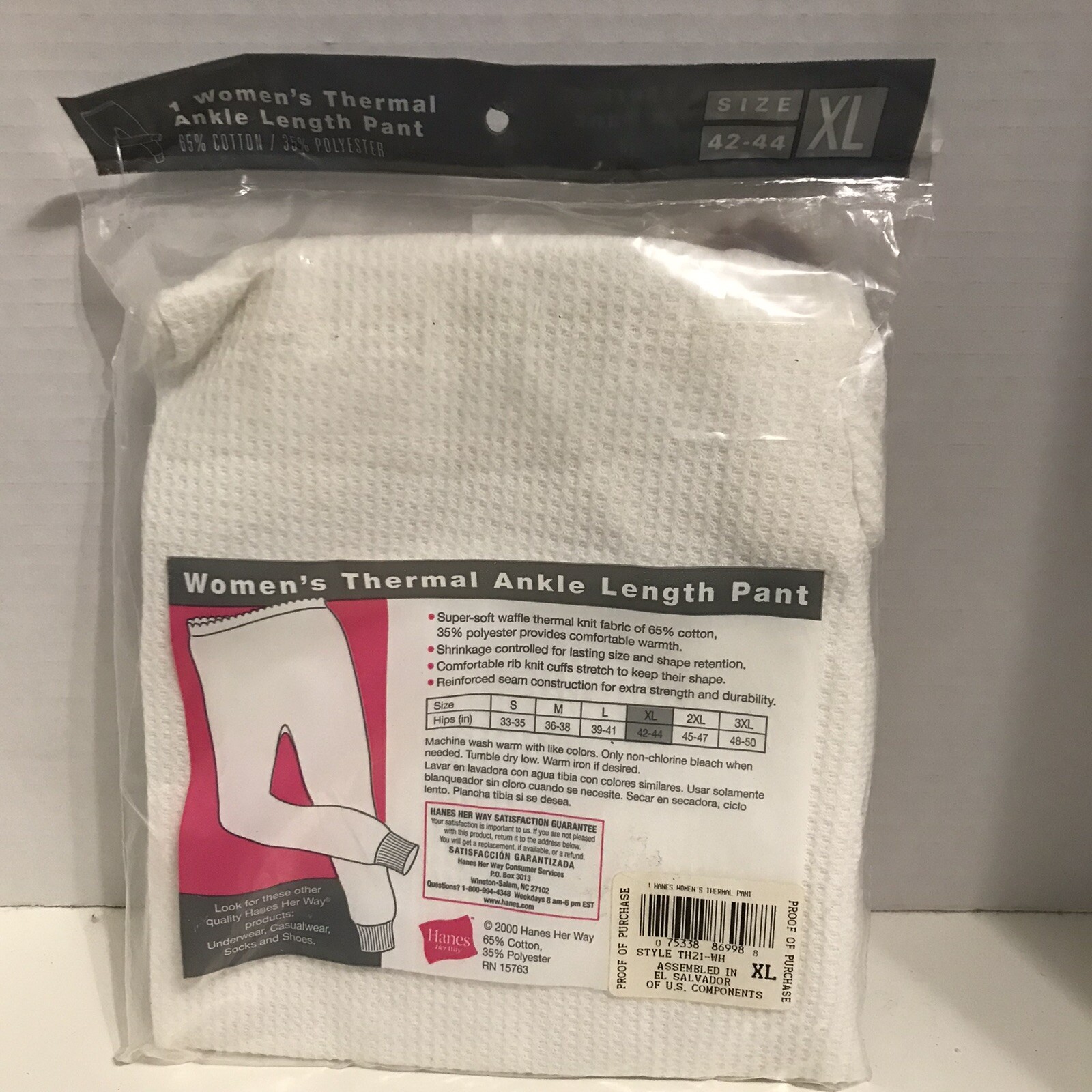 Vintage 2000 Hanes Her Way Thermal Ankle Length Pant White Size 42-44 XL   NEW