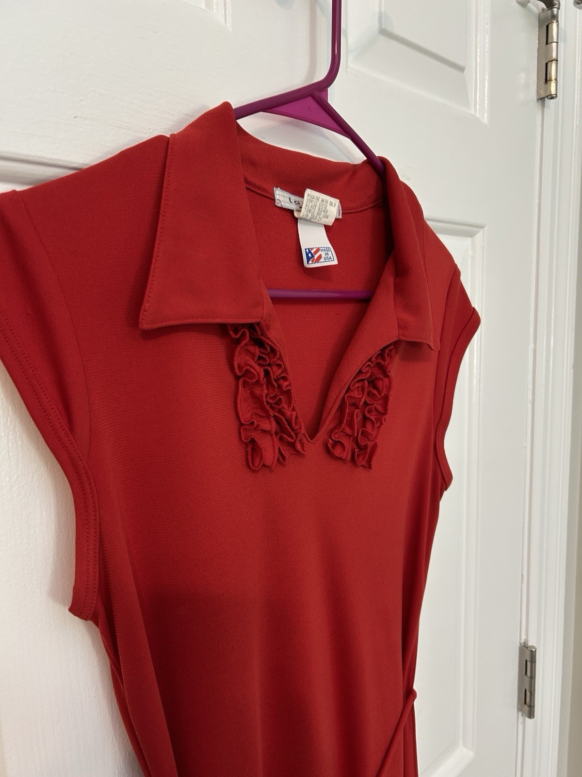 Vintage 70s Red Polyester Disco V-Neck Tie MIDI Dress Sz XS/S A-Line Ruffles