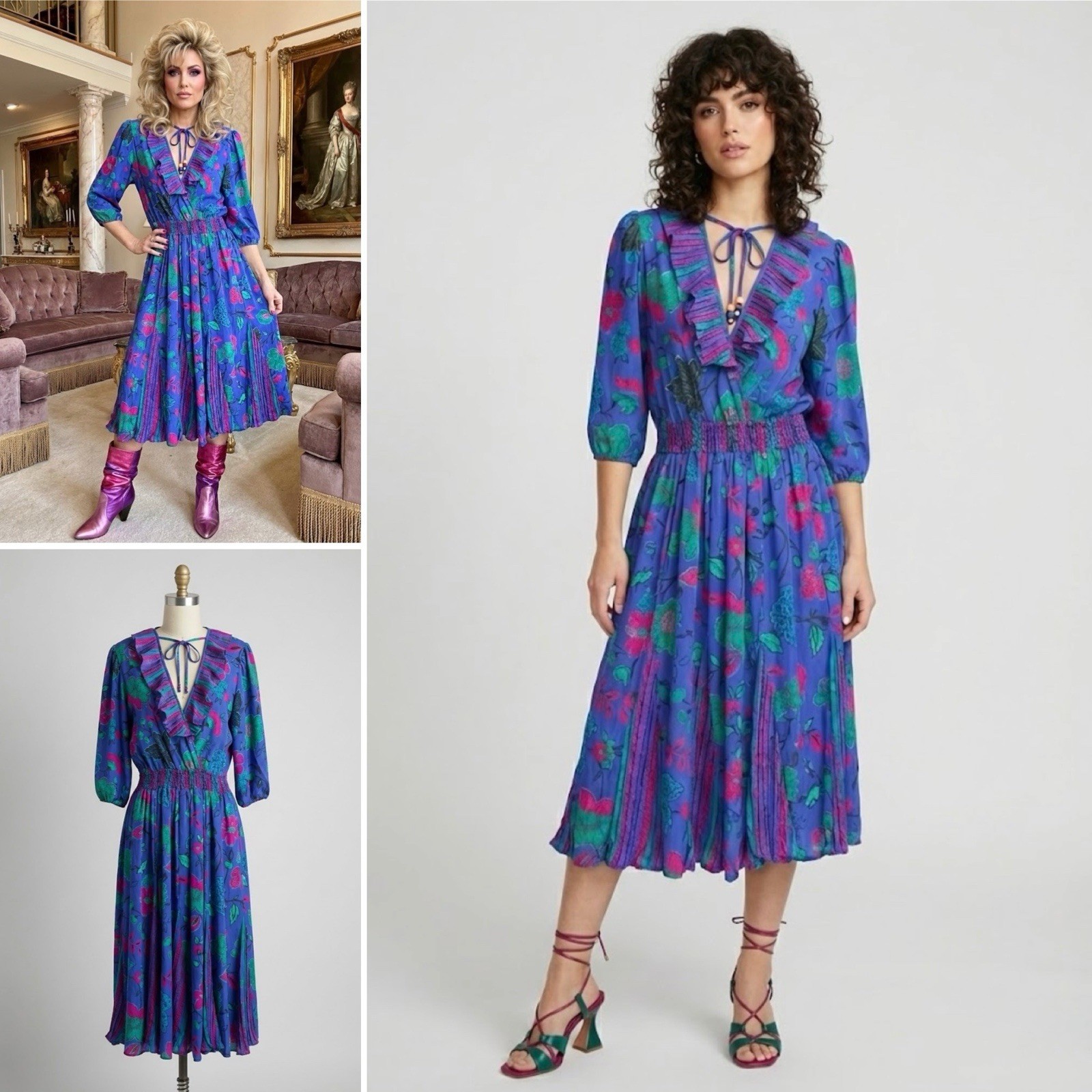 Vintage 80s Plaza South Susan Freis Colorful Floral Midi Dress M/L Retro Glam