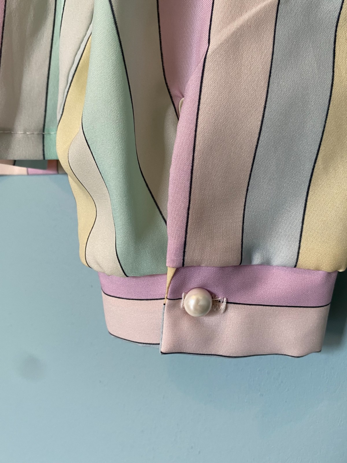 Vintage Rhapsody 70s 80s Pastel Candy Stripe Pearl Button Retro Blouse 38