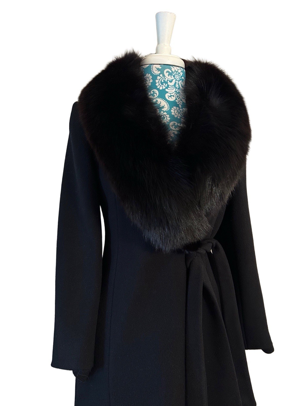 Vtg Fox Fur Black Wool Skirted Coat Pinup Bombshell Soft Girl Old Money Romantic