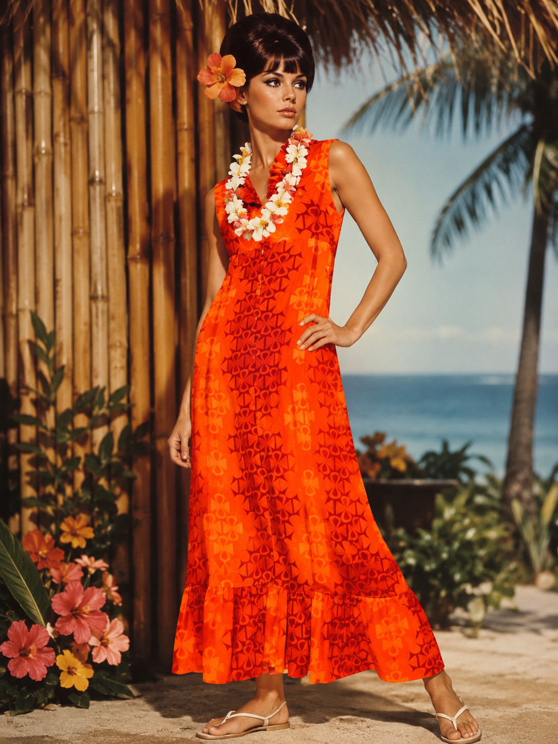 Vtg Retro Mod Hawaiian Tiki Dress Bright Orange Yellow Red Dael’s Honolulu Sz. S