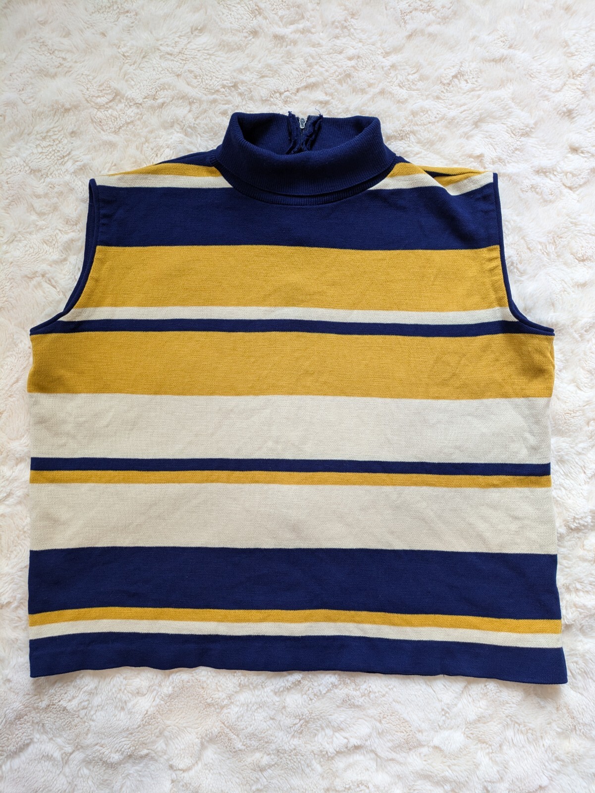 Vintage Mod Mock Neck Sleeveless Knit Layering Top Blue Yellow Stripes Large