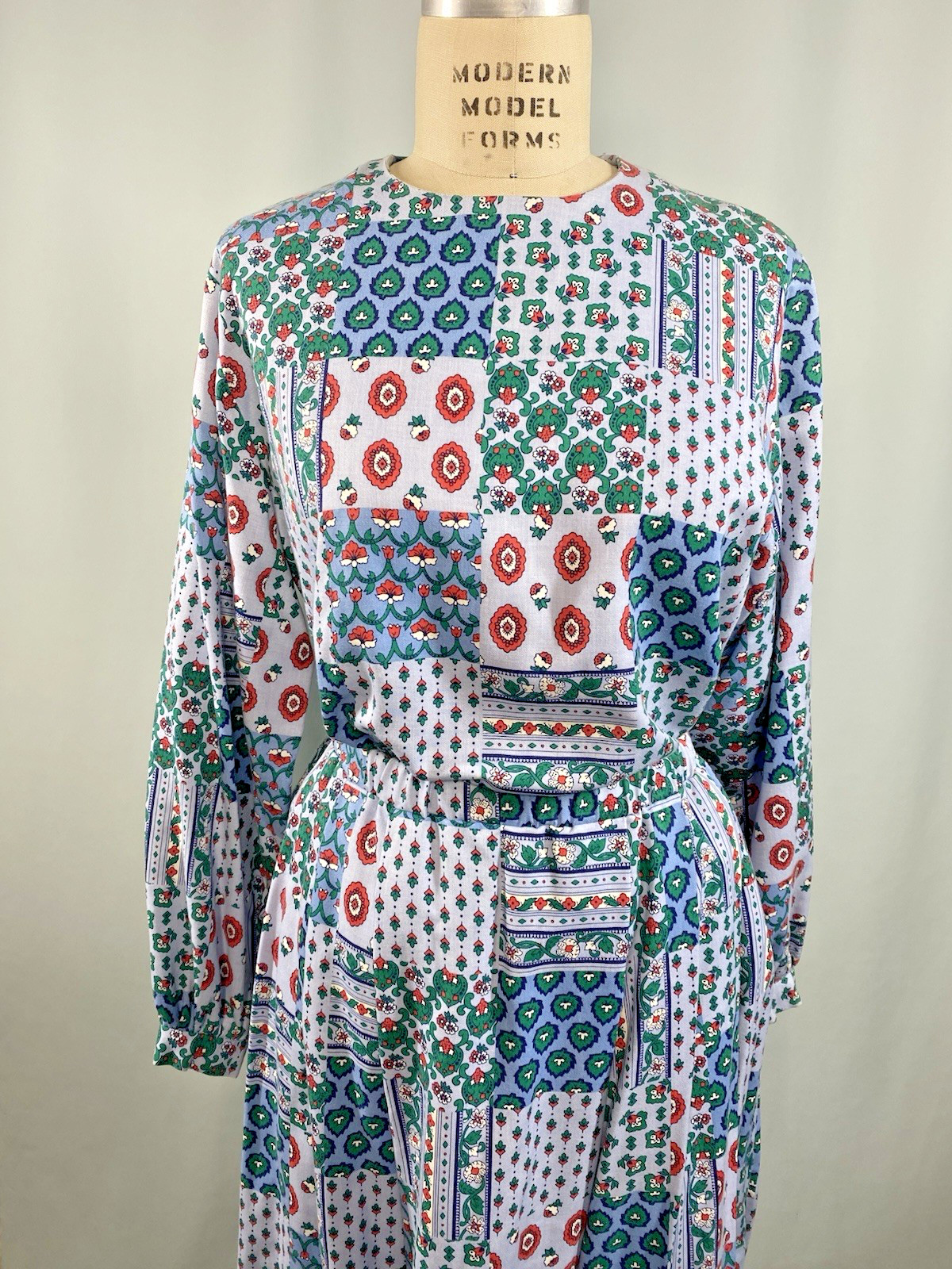 Vintage Dress top & skirt set SIZE MEDIUM blue patchwork cottage 70s 80s boho