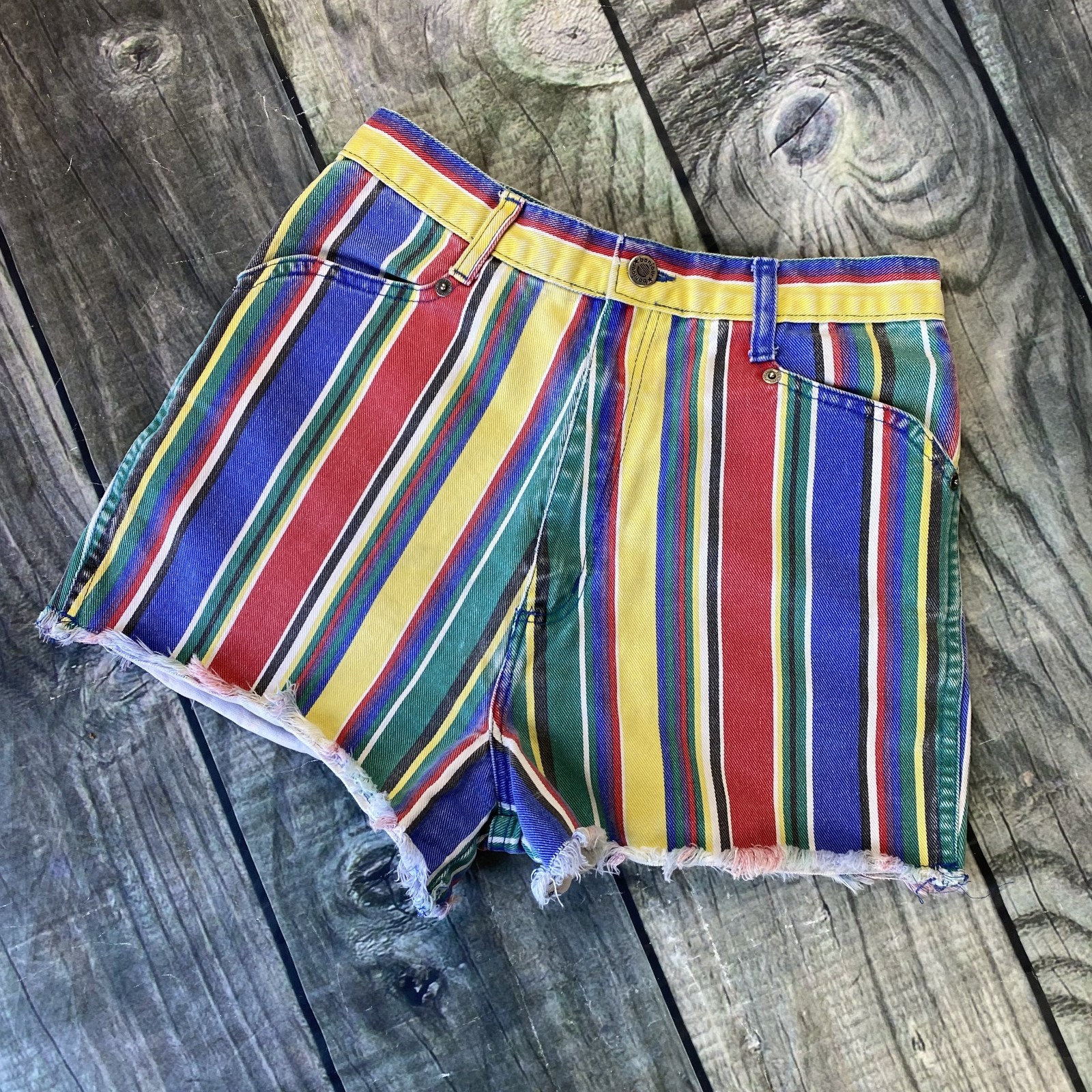 Vintage Bonjour Women’s Junior 9/10 Shorts Colorful Stripes Denim Jean Fray Hem