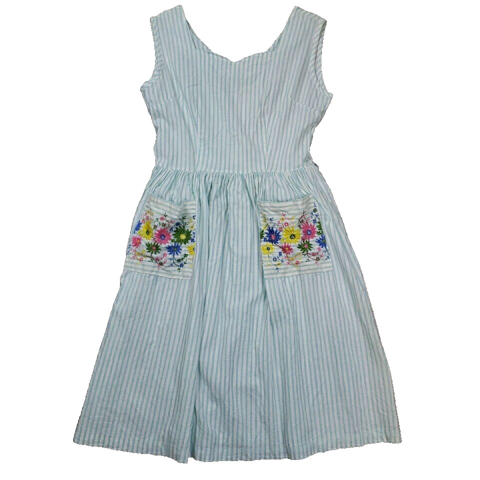 Vintage Carol Brent Sun Dress Mint Stripe Embroider Flower Pockets Belt Women 16