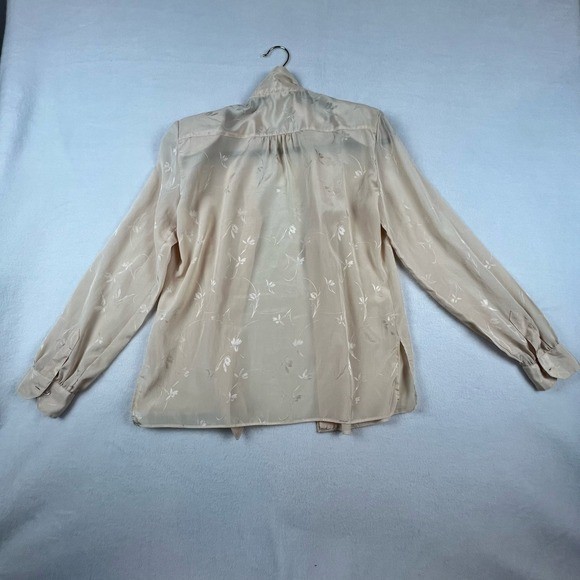 Vintage 70s Campus Casuals Floral Tie Neck Blouse Women’s M Champagne Button Up