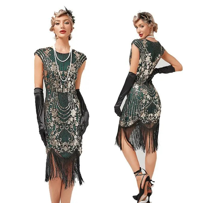 Womens 1920s Vintage Dress Court Trend Double Round Neck Sleeveless Beaded