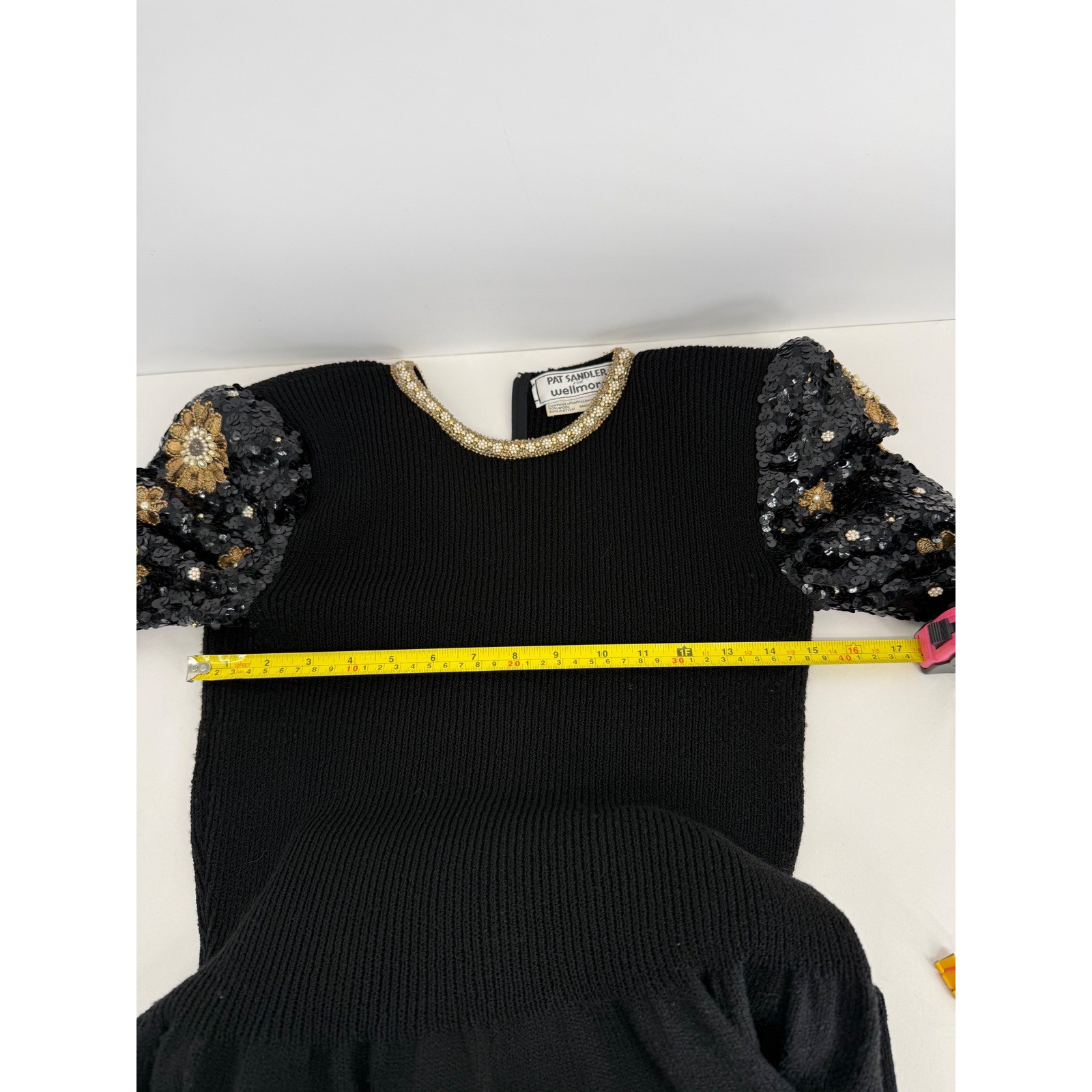 Pat Sandler Wellmore Vintage Wool Dress Black Gold Sequin Floral Beaded Sz 14