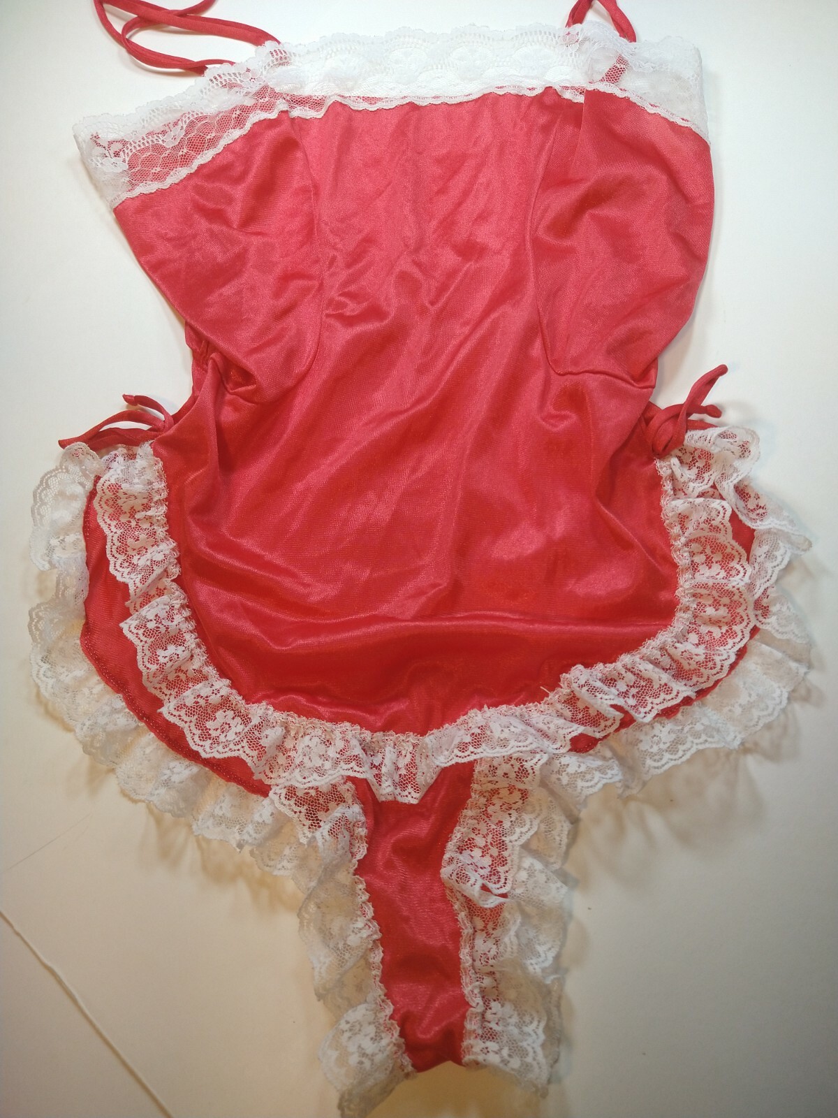 Jennifer Dale Red Silky Nylon & Lace Romper Slip On Teddy Bodysuit sz M Vintage