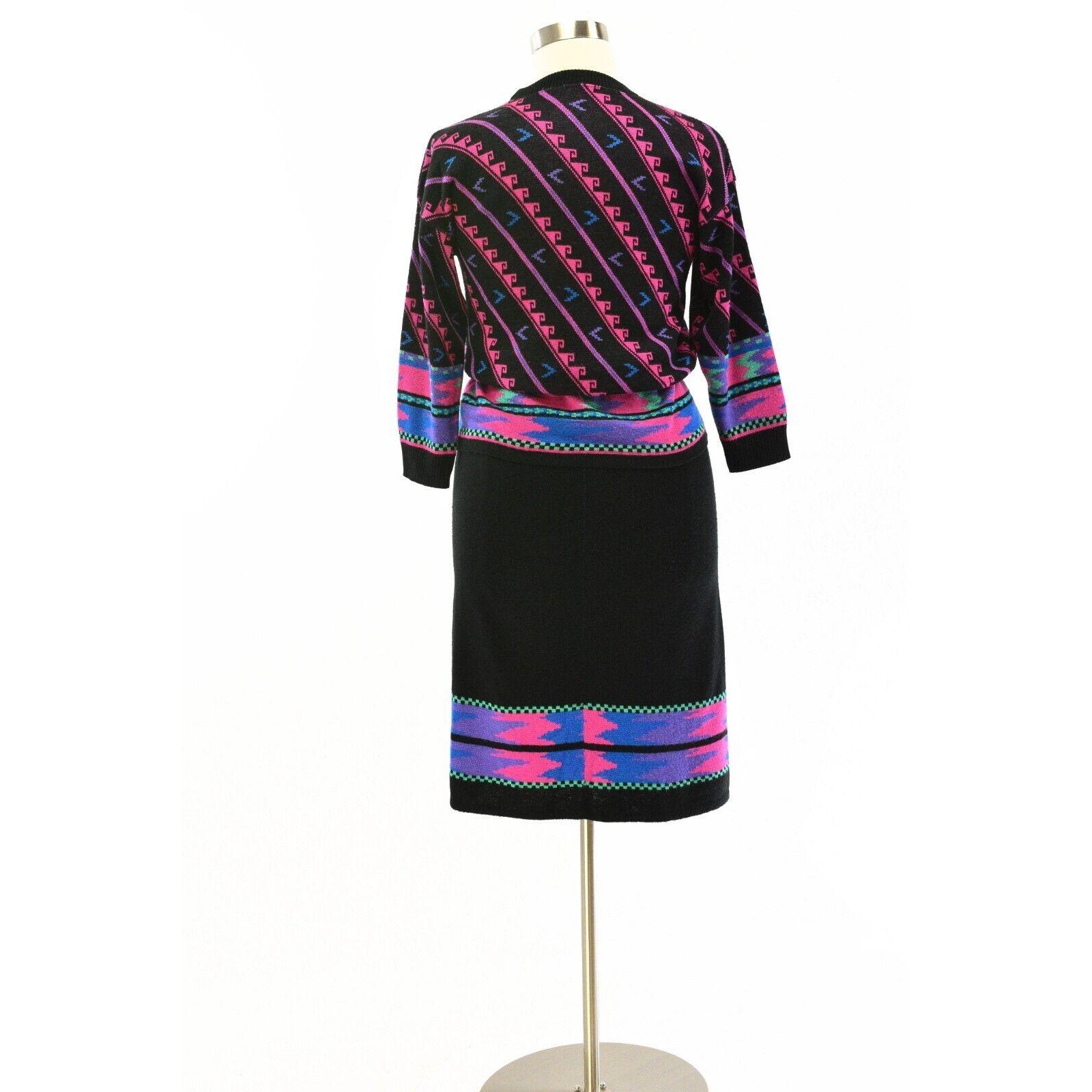 70s Vintage Geometric Sweater & Skirt Set Womens M Neon Pink Black Mod Outfit