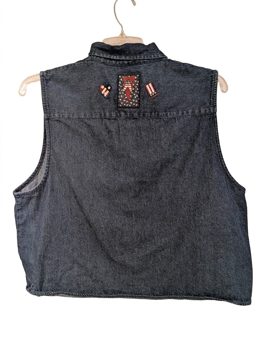 VTG 90s Christopher & Banks Denim Vest Sz XL Patriotic USA Flag Patch Cottage