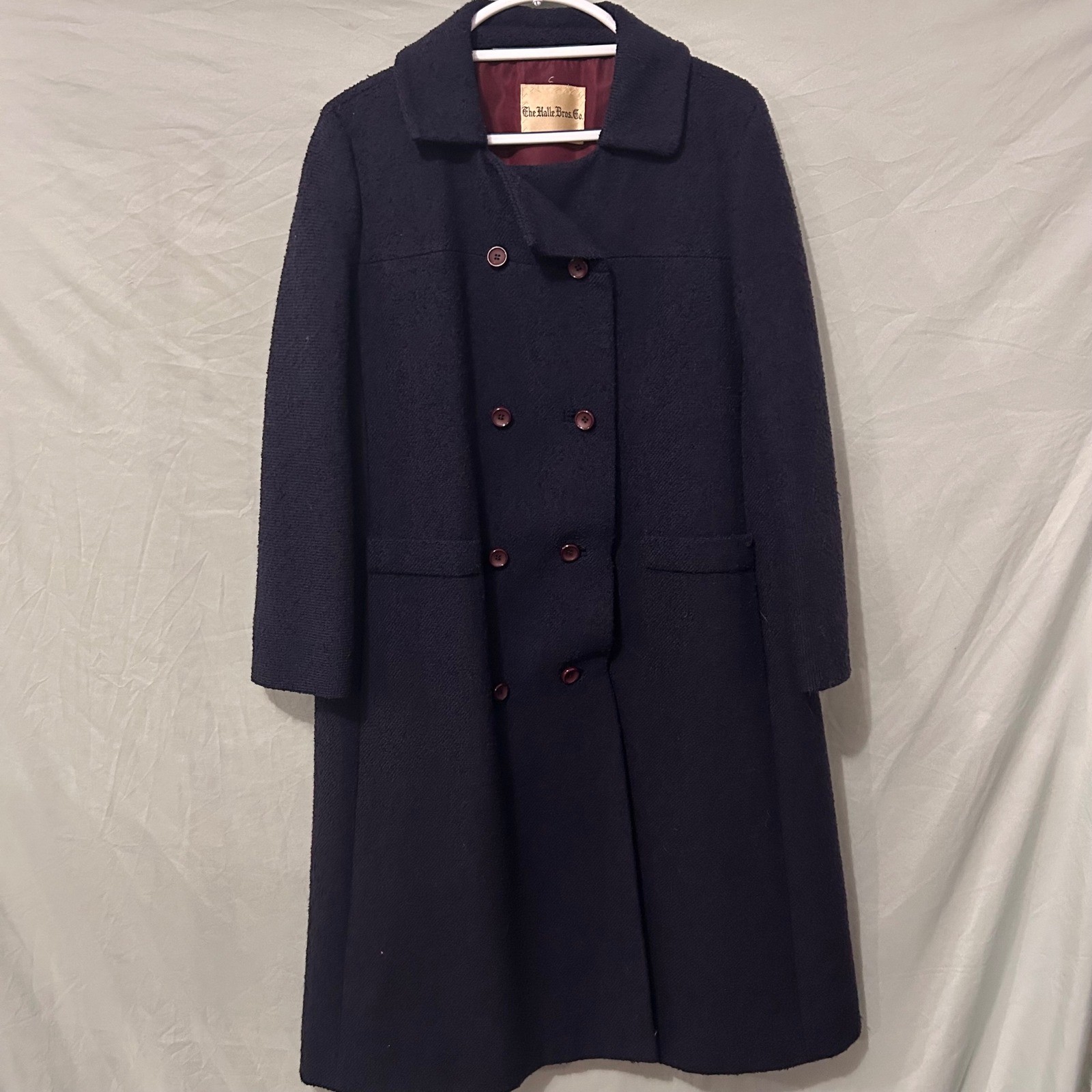 Vintage Halle Bros Co Navy Blue Wool Double Breasted Overcoat Union Made 22 PTP