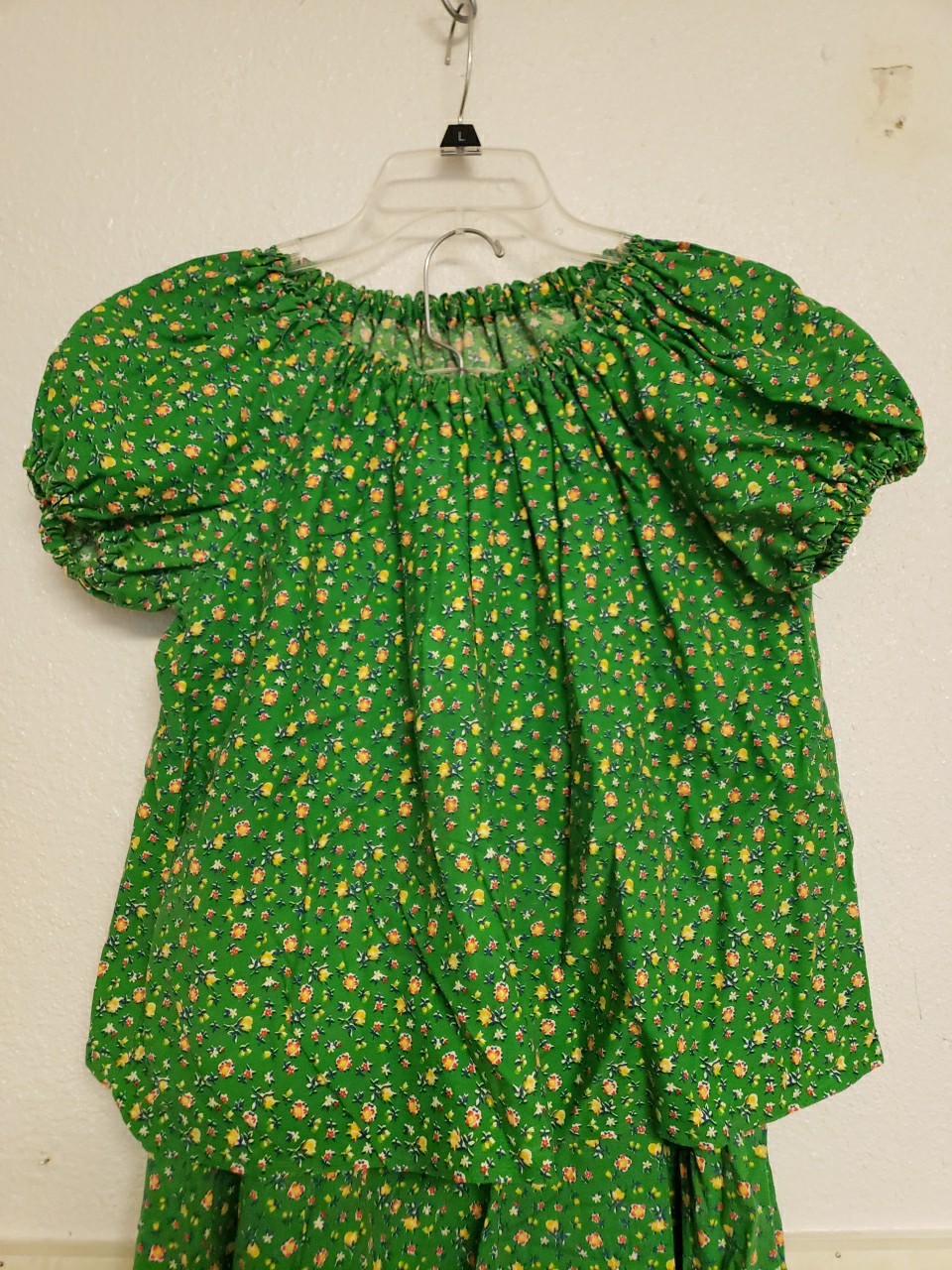 Vtg 1970s Floral Top Skirt Set Dress Small Hippy Prairie Handmade Green Peasant