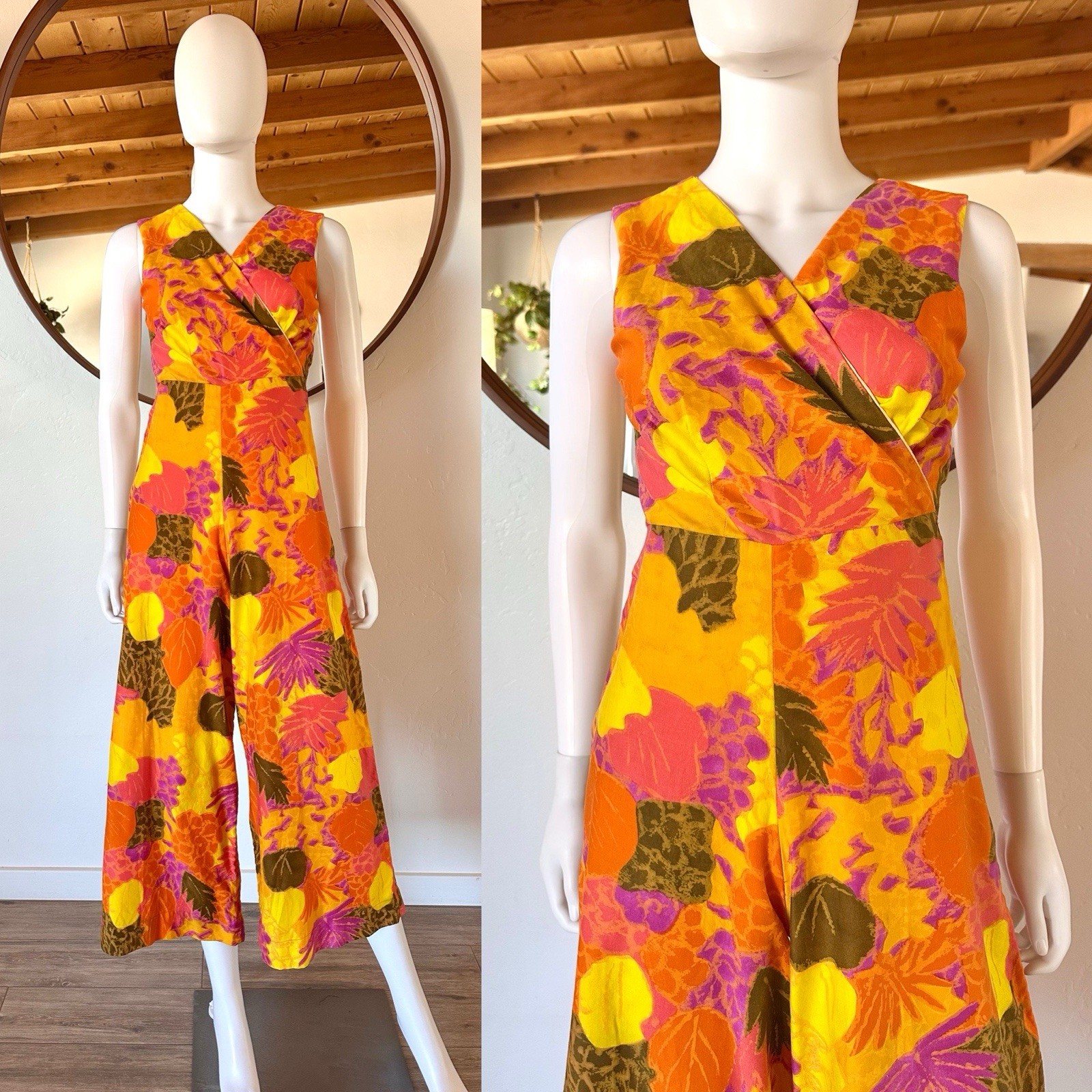 Vintage 60’s Handmade Hawaiian Tiki Colorful Cotton Palazzo Jumpsuit Fits XS-S