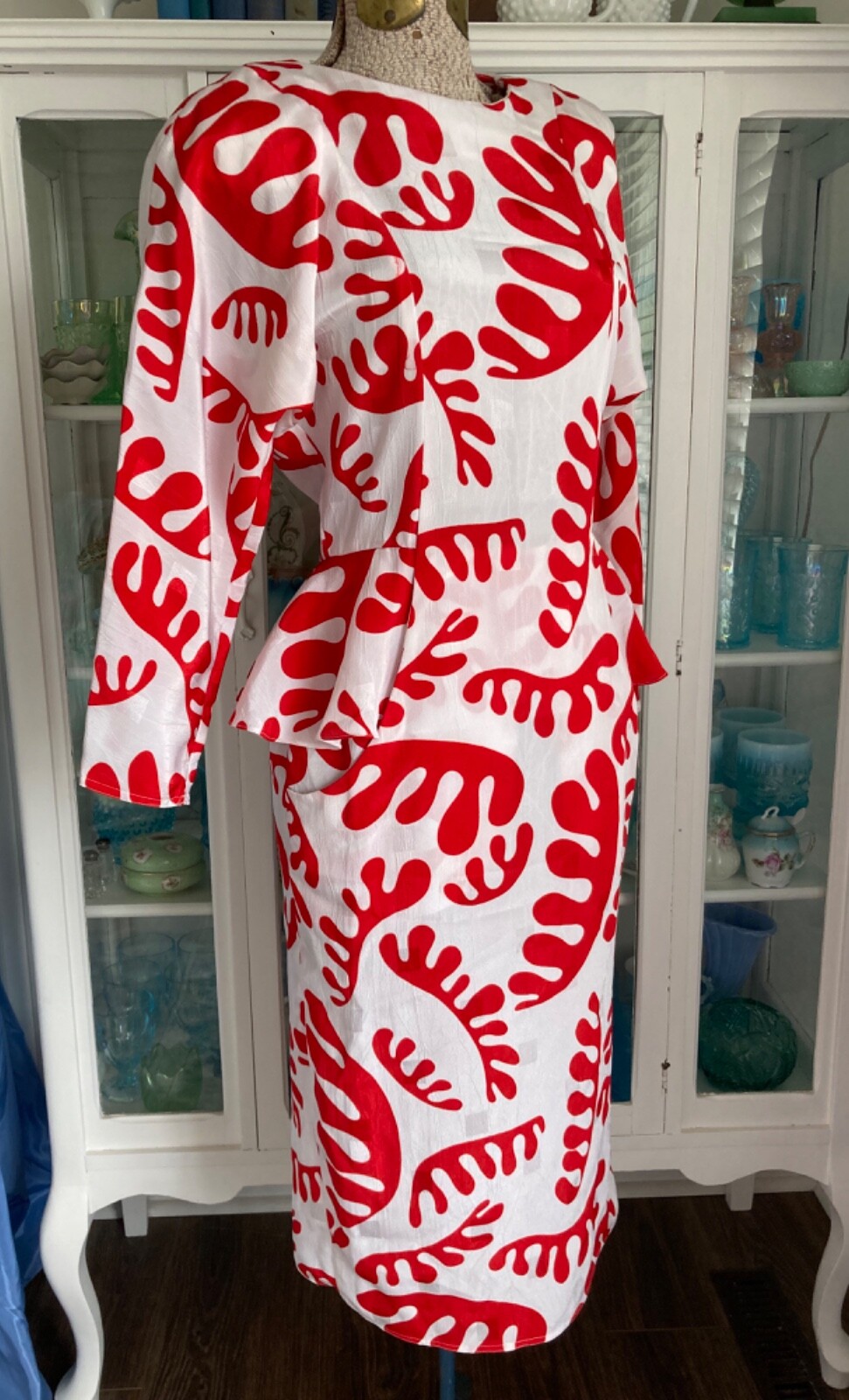 Vtg 80s Billy Jack For Her White & Red Amoeba Midi Dress Wiggle Peplum S 32 Retr