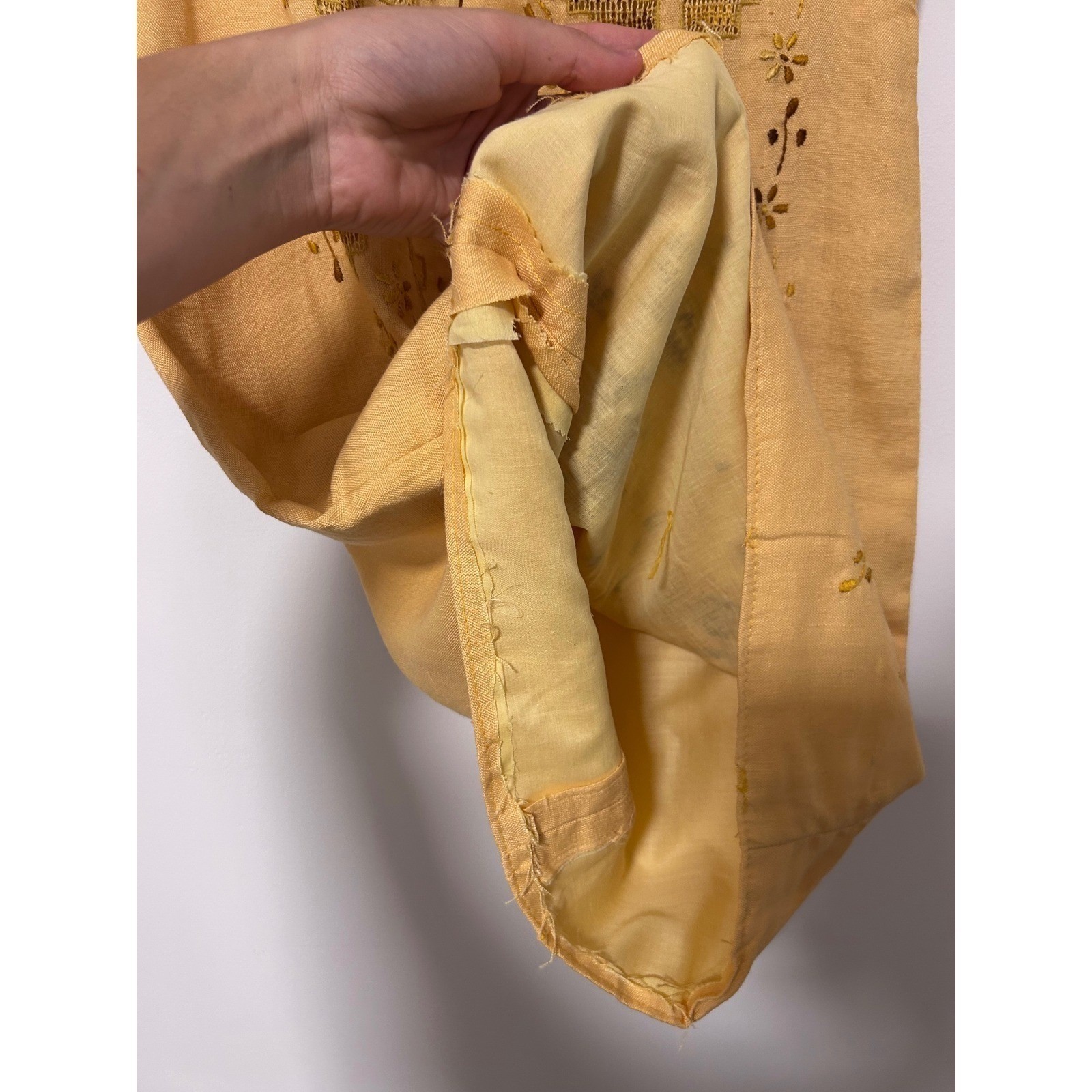 Vintage 60s Mustard Yellow Embroidered Linen Shift Dress Sleeveless Boho Mod S