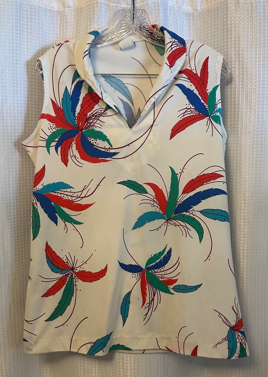 VTG 70s 80s White Floral Sleeveless Blouse Size L Kitsch Cute Fun