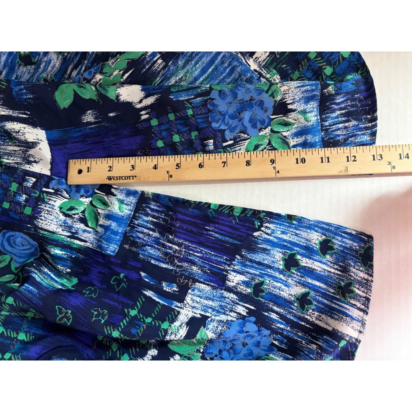 Kensington Square Vintage Blue Green Floral Abstract Midi Skirt Elastic Waist
