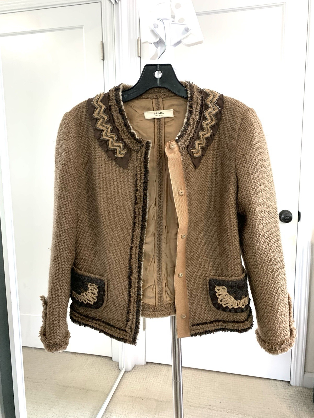 PRADA Classic Tweed Textured Blazer Jacket In Wool Sz 40 Vintage