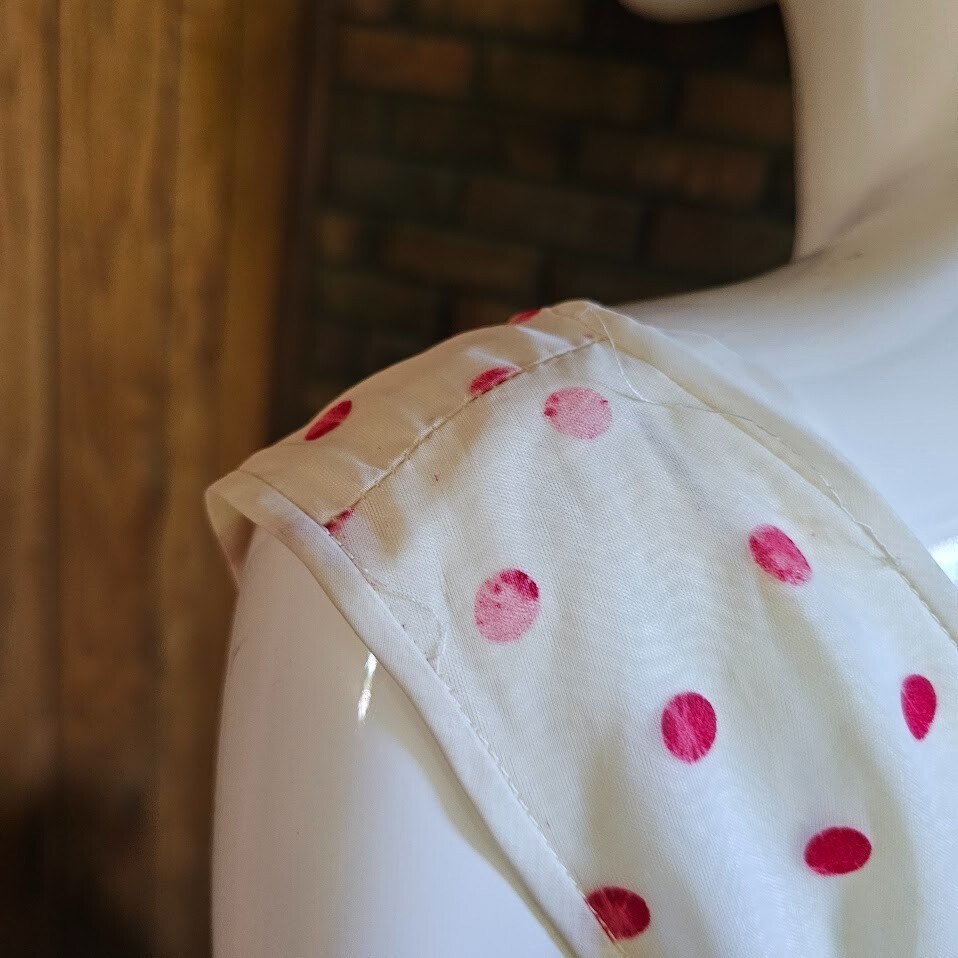 Vintage 50s Flocked Cherry Red Polka Dot Organza Shelf Bust Prom Wedding Dress S