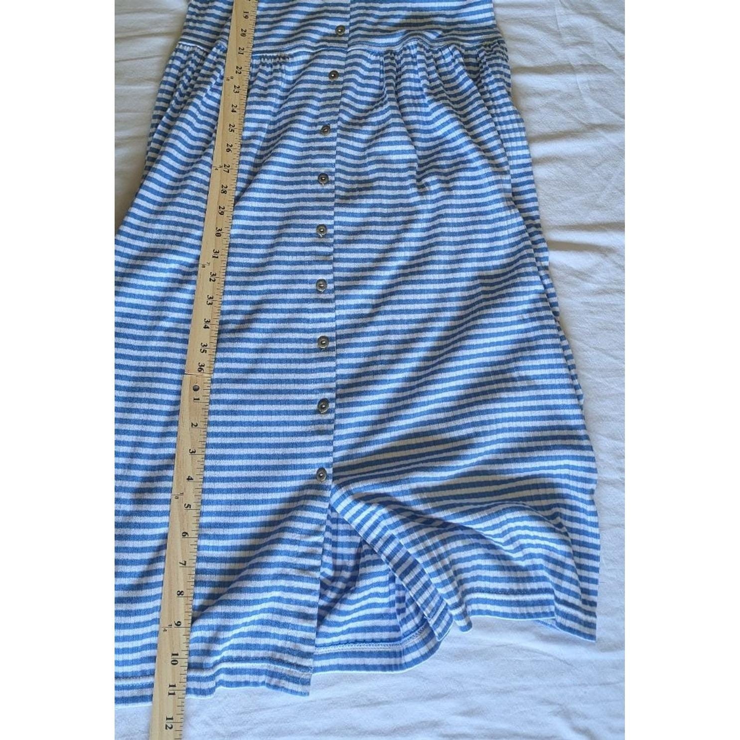 Vtg Blue & White Striped Ribbed Button Front Drop Waist Midi Dress Nautical Sm