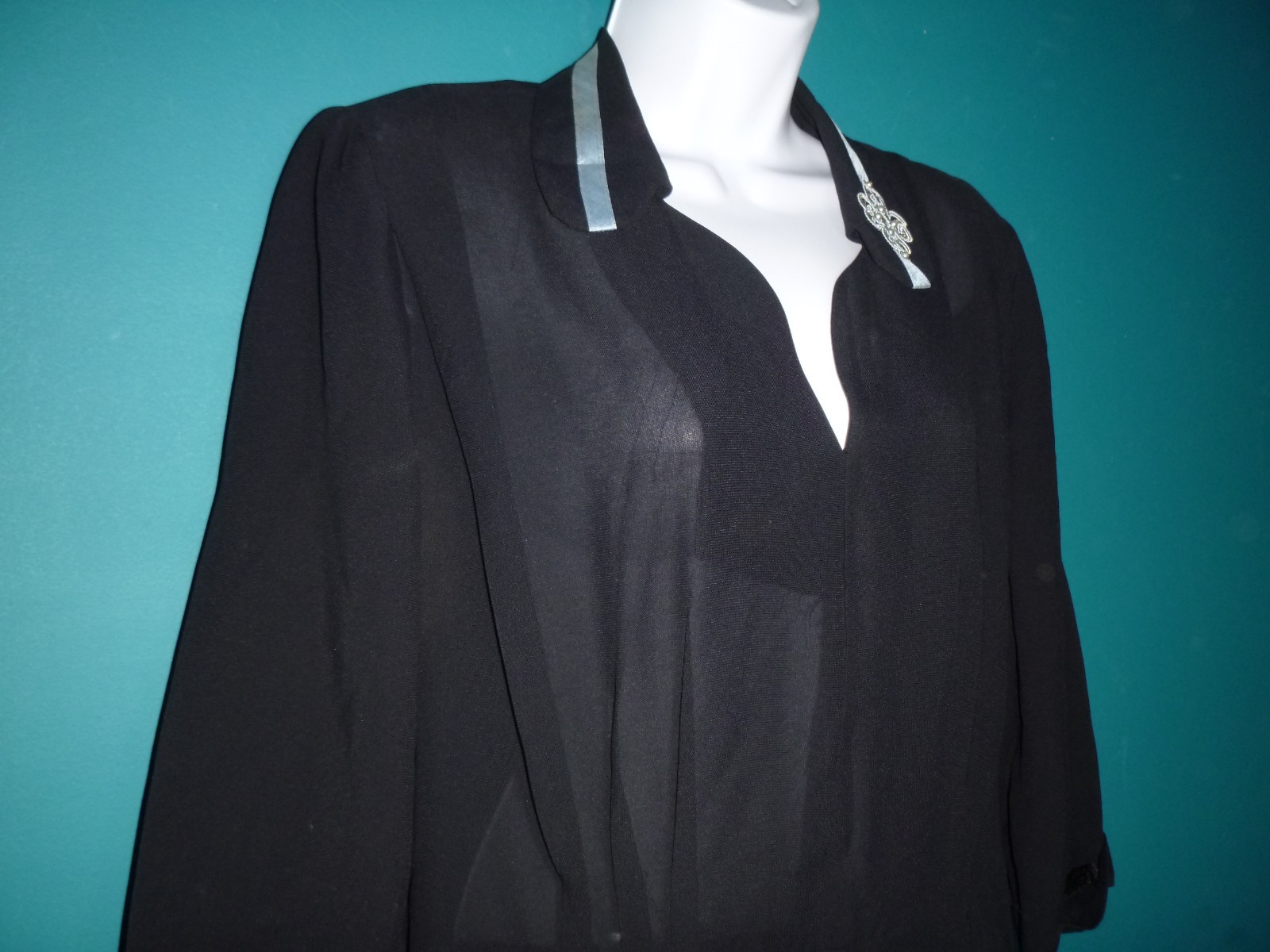Vtg 1940s Black Crepe Dress Ribbon Pearl Rhinestone Accents VOLUP Sz XL/XXL