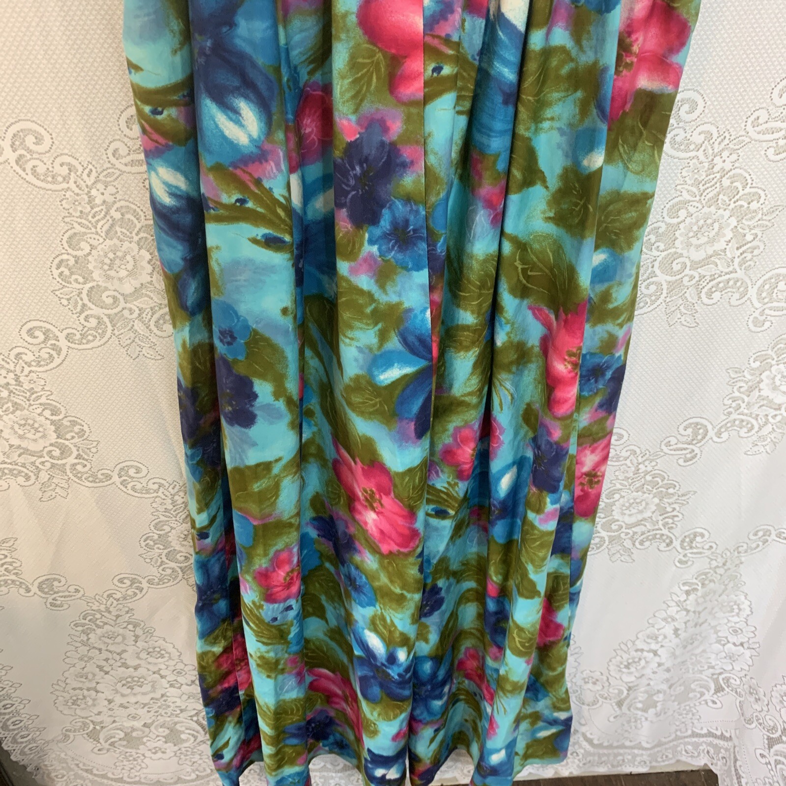 Vintage 50’s Alice PolynesianFloral Maxi dress with drape in the back Size L