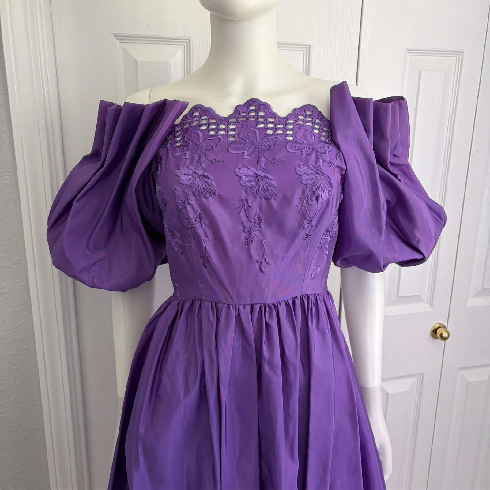 vintage 80s purple off the shoulder bodice midi dress