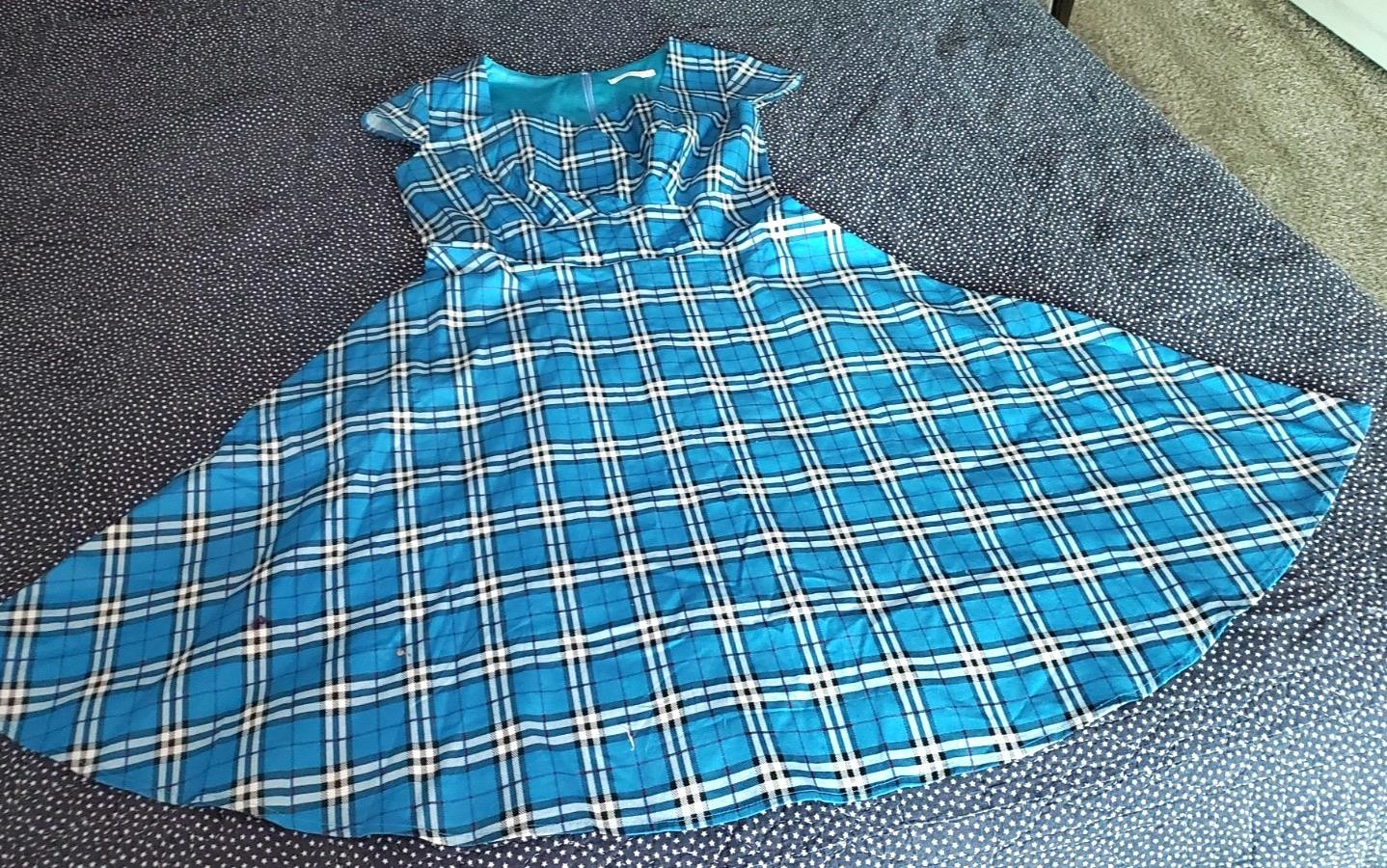 VTG Blue Plead Full Skirt Dress Lined Top Size Large Hell Bunny Type Dress