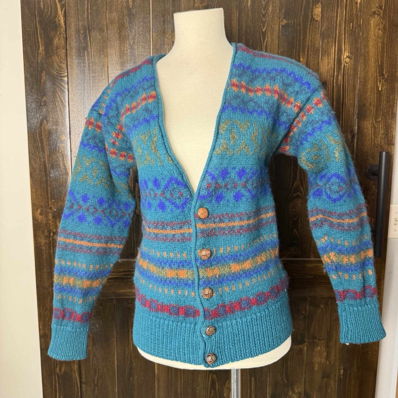 Vintage 1990s Gap Wool Knit Geometric Pattern Cardigan Sweater Small Medium
