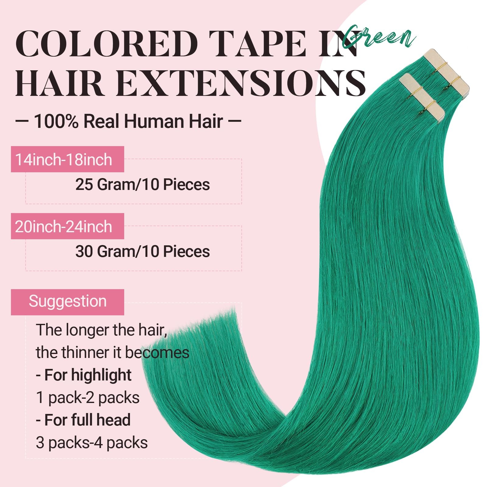 MAXITA Green Tape-In Hair Extensions Human Hair 16 Inch 10pcs Remy Silky Straigh