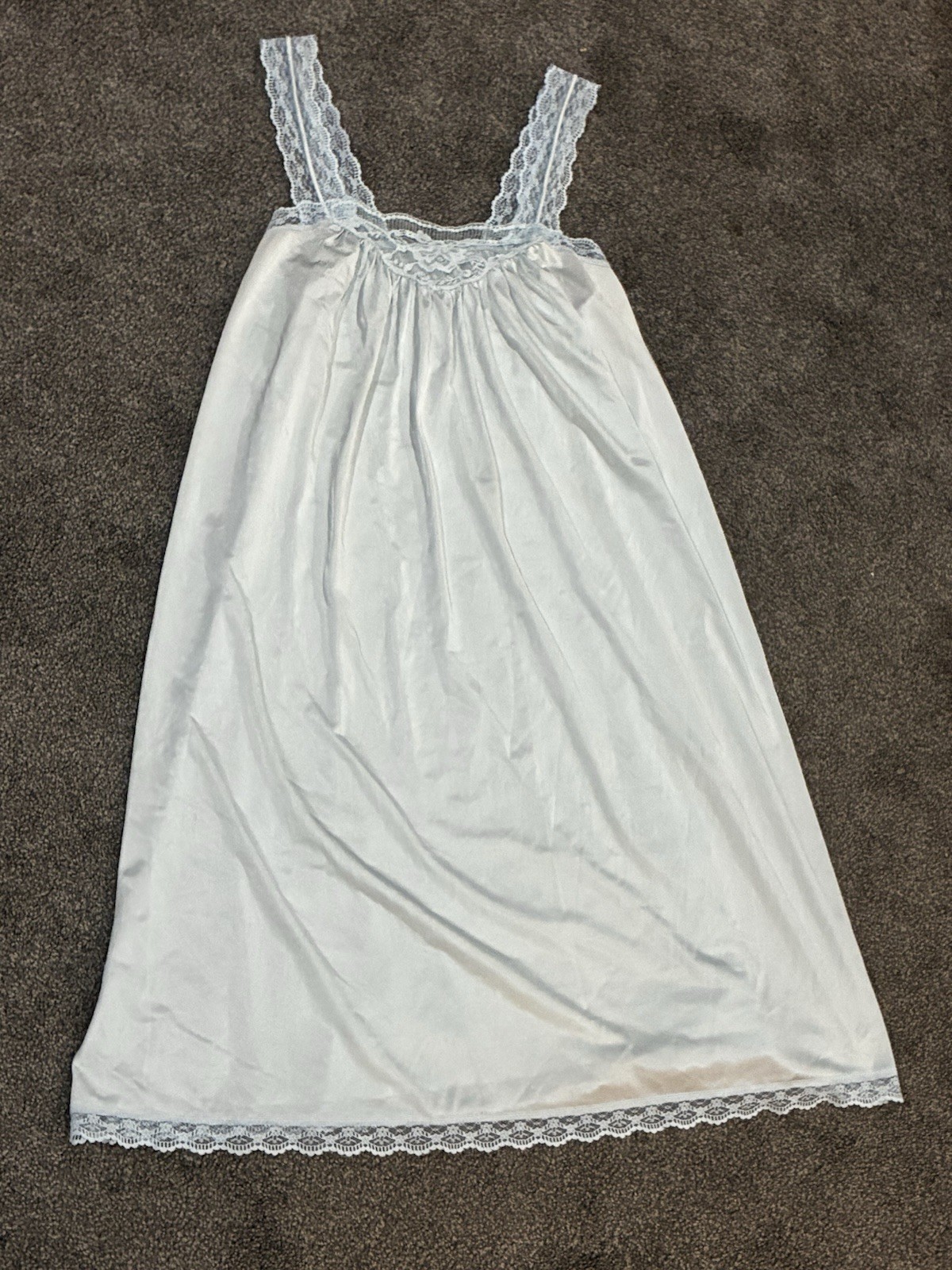 Vintage Long Blue Shadowline Sleeveless Nightgown Lace Neckline MED