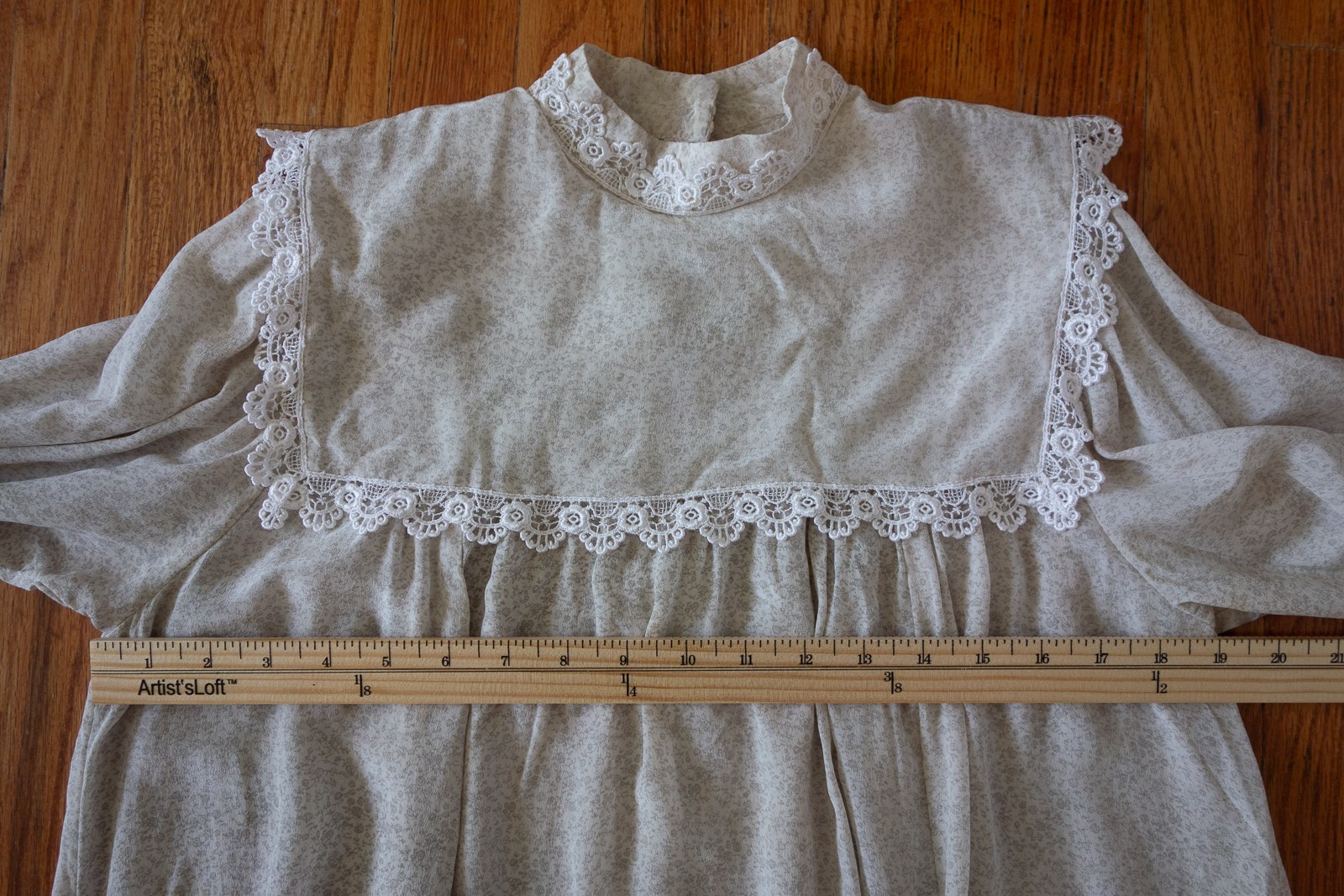 Vtg Jessica Mclintock Ditsy Silk Chiffon Midi Dress Lace Trim W’s M Grey