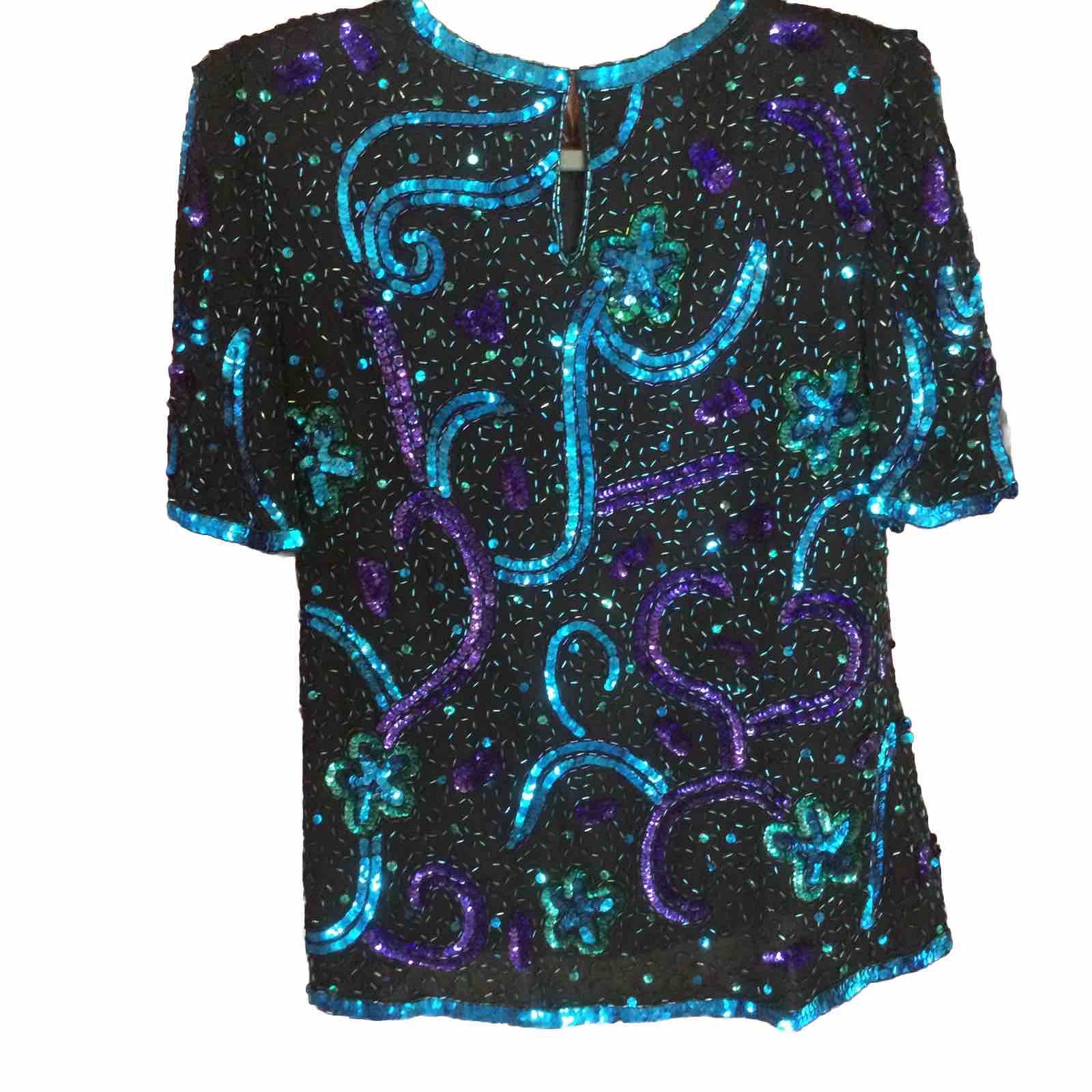 Vintage LAWRENCE KAZAR Sz L TOP BLACK Silk SEQUIN 90’s Sleeve PURPLE Turquoise