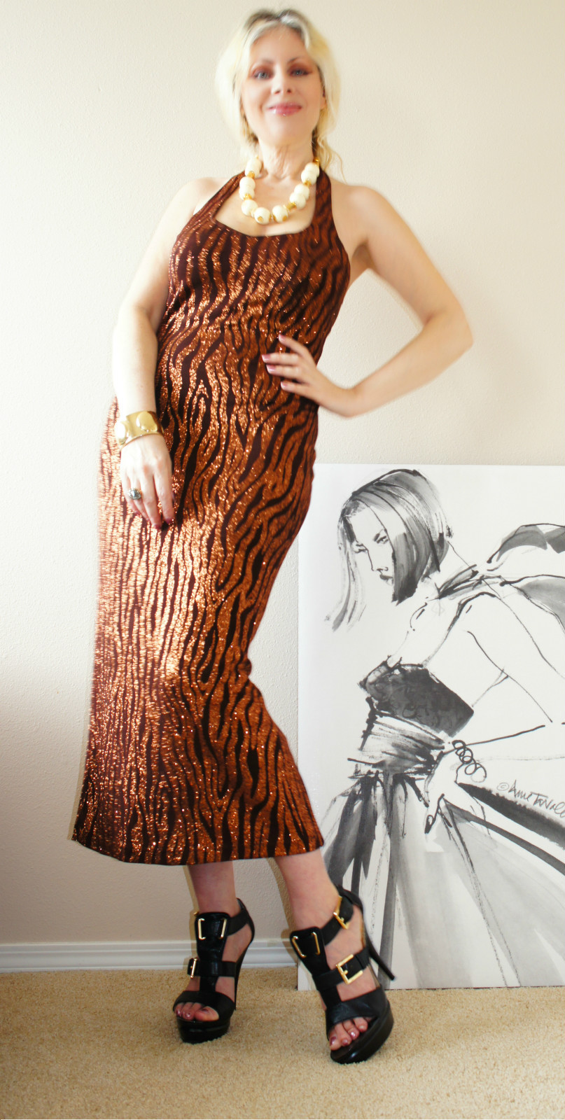 Vtg 90 METALLIC Brocade Animal Stripes Evening Cocktail Wedding MAXI Dress Gown