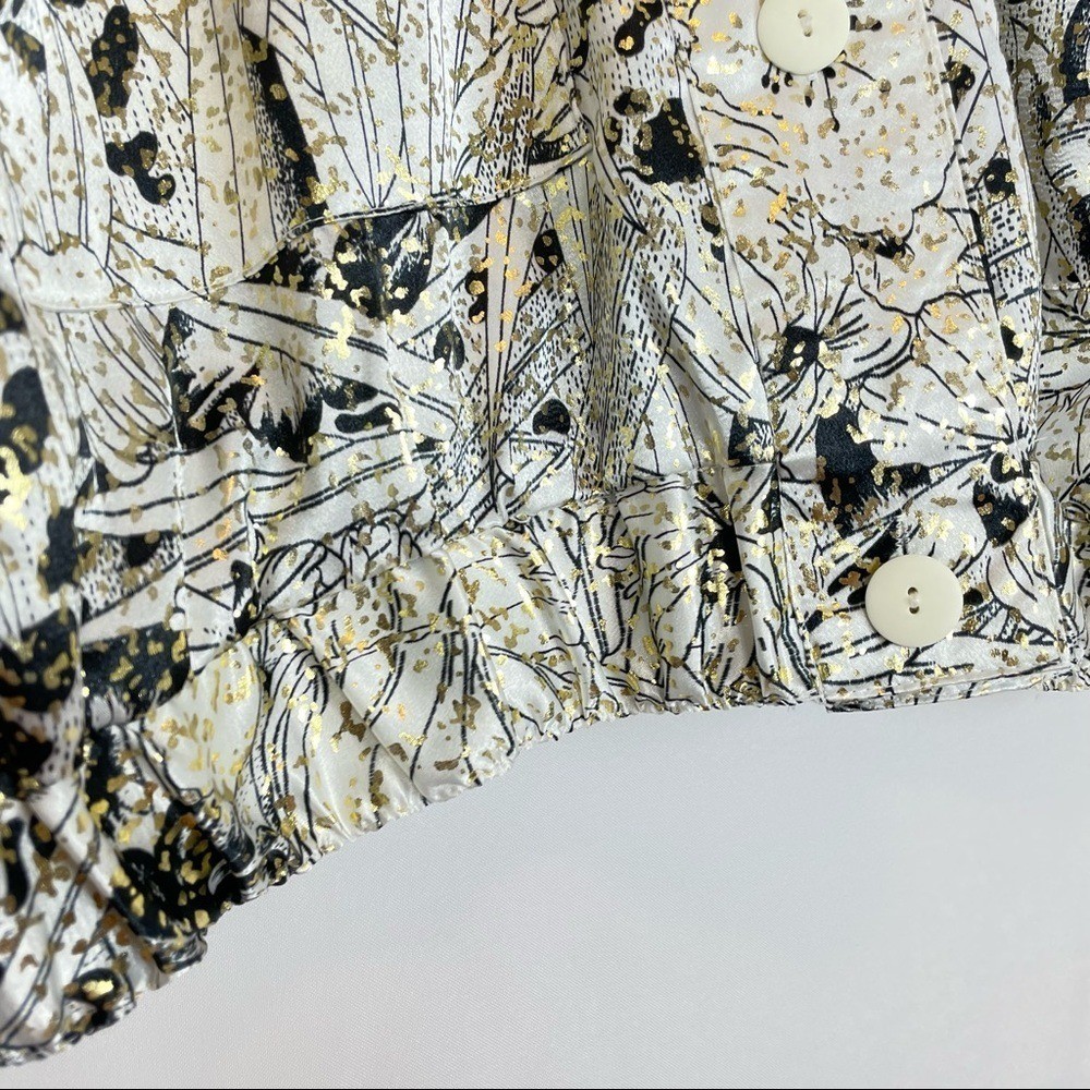Vintage 80s Jacket Metallic Floral White Gold Black Windbreaker Sparkly Eclectic