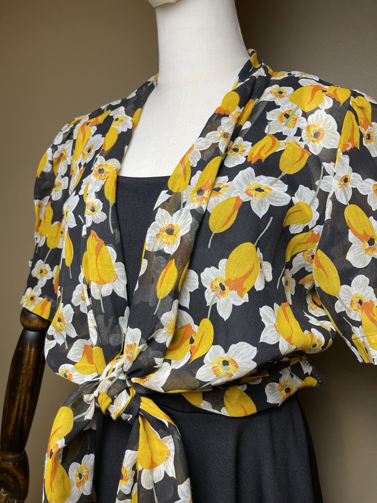 Vintage 1960s Sheer Black Floral Daffodil Print Italian Tie Front Blouse Coverup