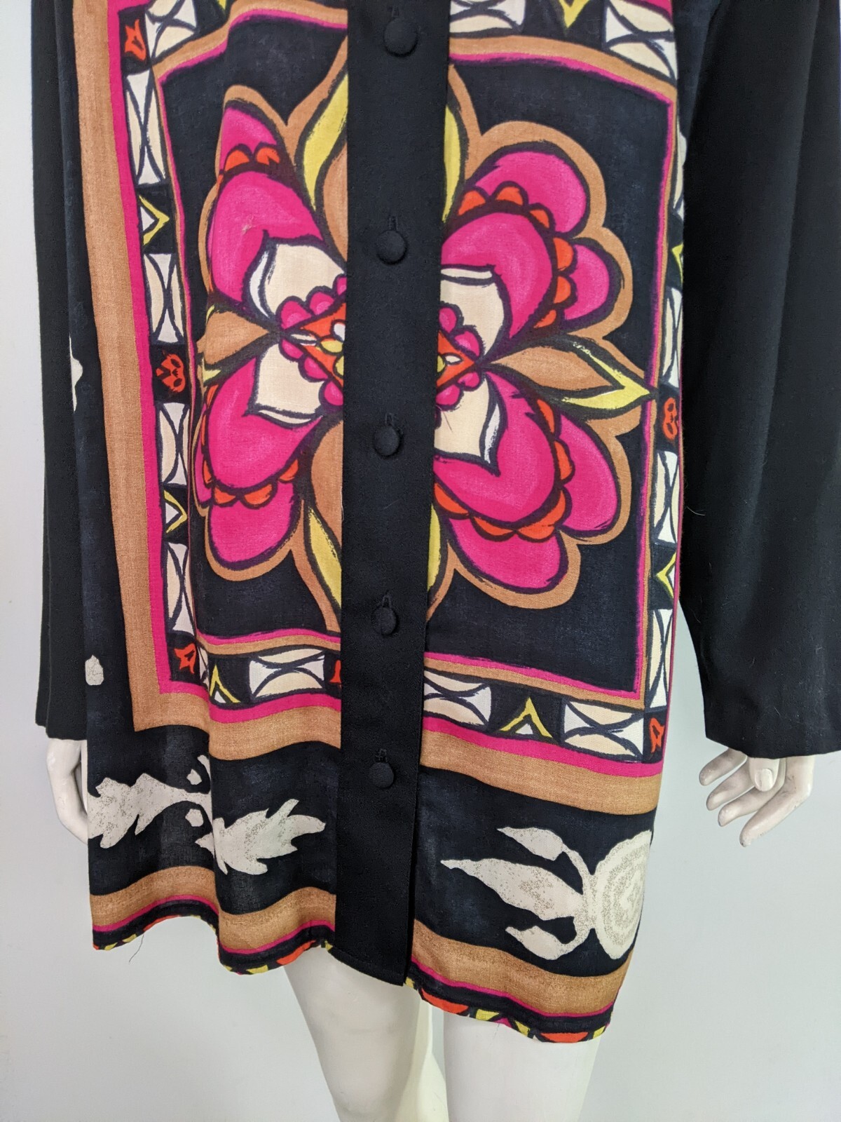 Vintage 90s Floral Blouse Black Pink Stained Glass Look Black Brown Womens L XL
