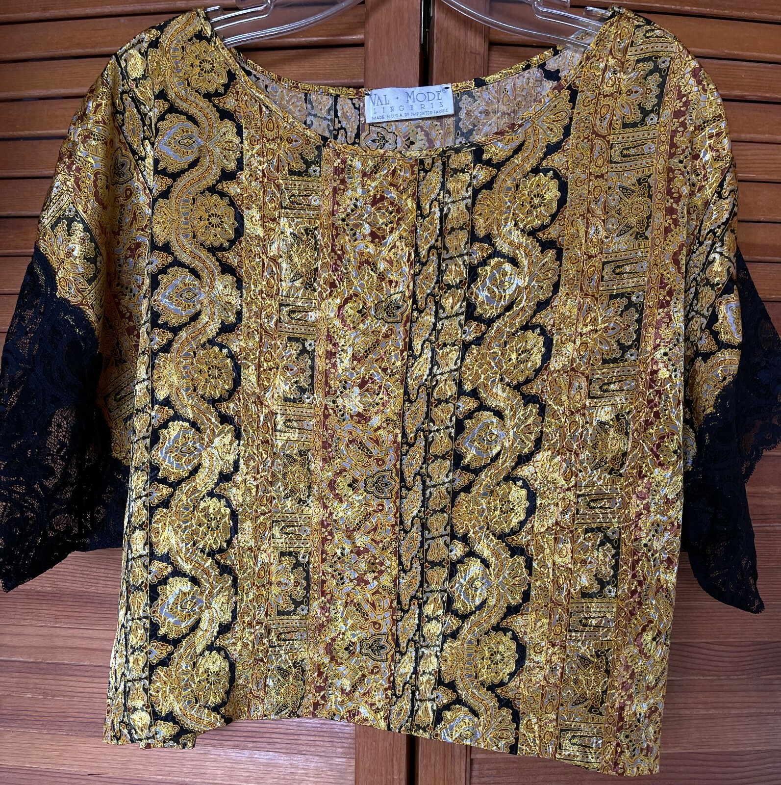 VAL MODE LINGERIE, L, 1980’S SILK-LIKE TOP WITH LACE, GOLD BLACK PATTERN, EUC