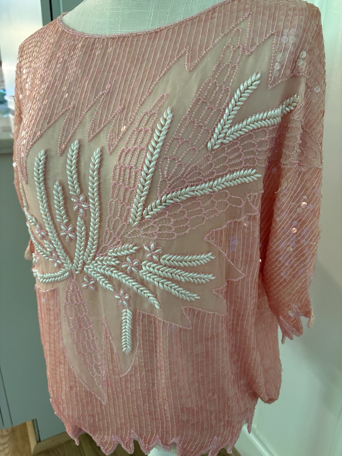 Vintage 80s Hand Beaded 100% Silk Top Pastel Pink Sequin. NWT!M Deadstock. India