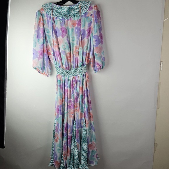 80s Vintage Assorti by Susan Freis Pastel Ruffle Bodice Dress Small Ruffle LS