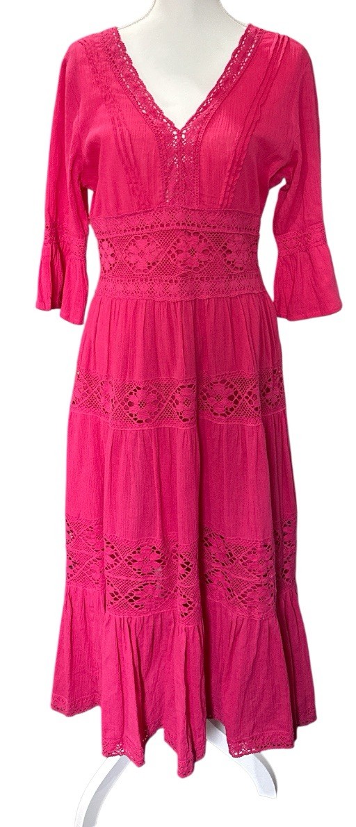 Vintage 80s Nieman Marcus Hot Pink Mexican Wedding Maxi Dress Boho M Lace Bell