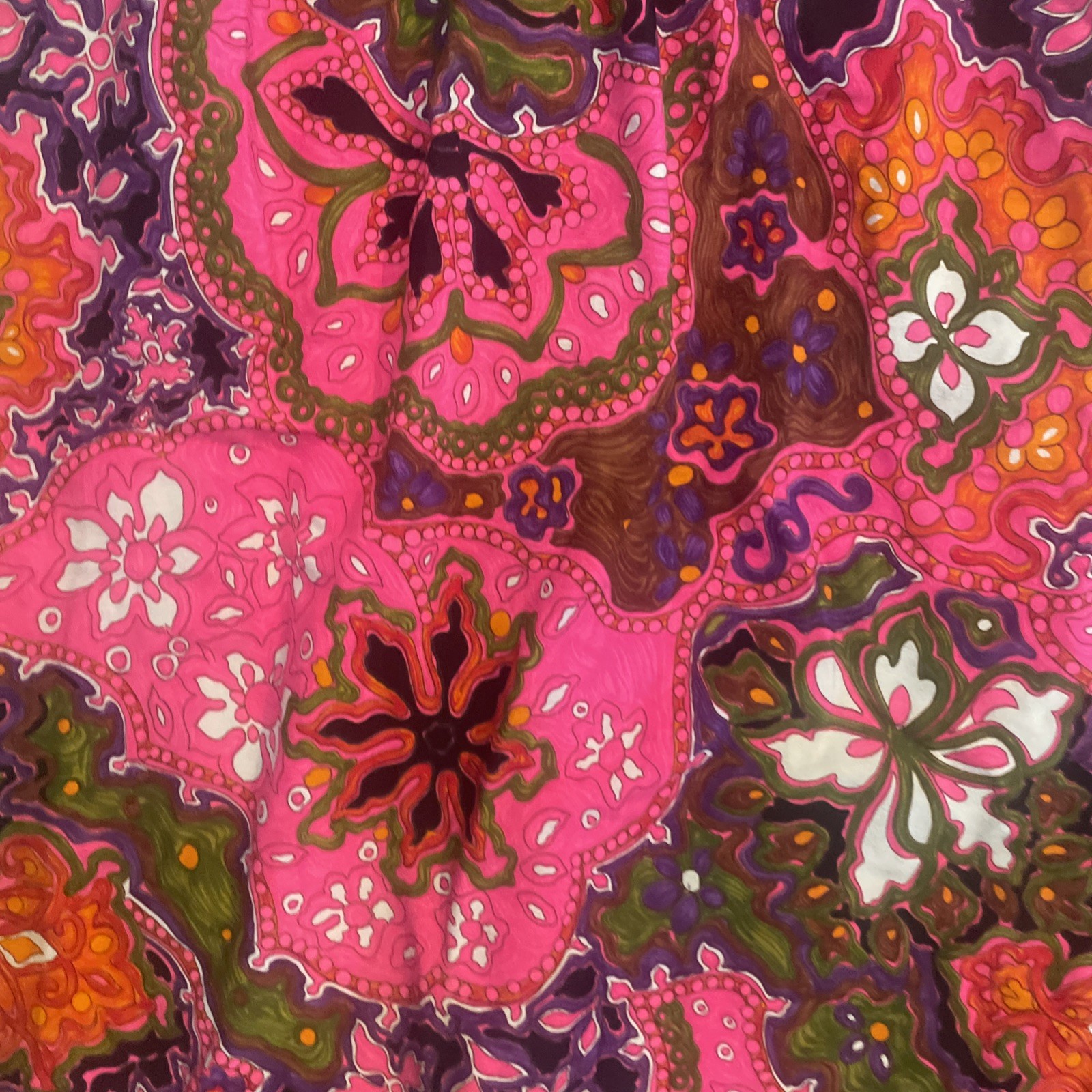 Vtg Sleeveless Maxi Dress Hot Pink Multicolor Psychedelic Print Barkcloth Lg