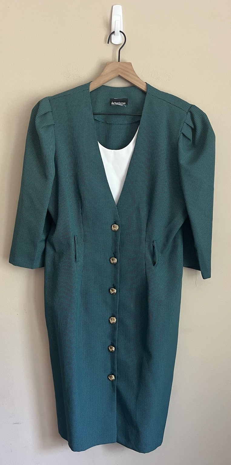 Dress Vintage 90s Shirt Secretary Petites Size 14 14P Green Check Print