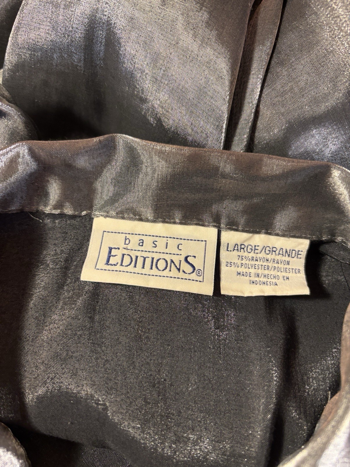 Vtg Satin Secretary Office Button Up Notch Silver Office Y2k Blouse L 42″